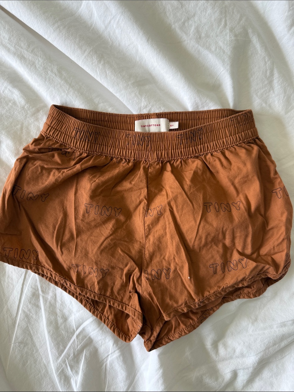 Tinycottons Kids' Elastic Waist Rust Brown Shorts with 'TINY' Print unisex